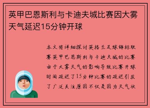 英甲巴恩斯利与卡迪夫城比赛因大雾天气延迟15分钟开球